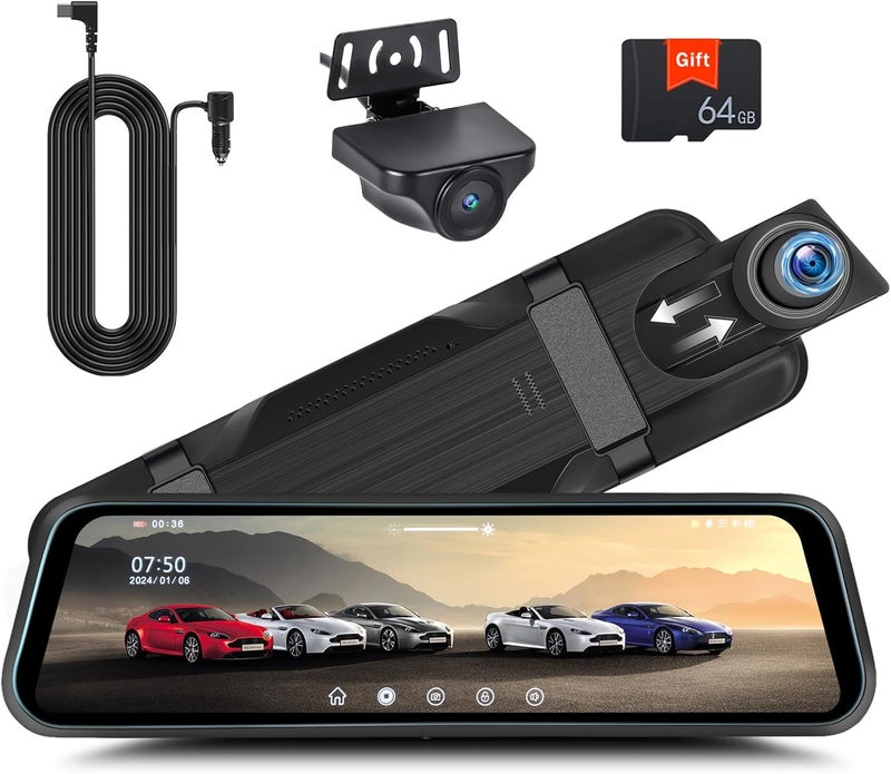 UNITOPSCI Rear View Mirror Camera, Mirror Dash Cam for Car 1080P Front & Rear Mirror Cameras 9.66 Inch HD IPS Full Touch Screen 64G Card Night Vision Motion Detection Loop Recording 24H Parking Monitor G-Sensor - Image 1